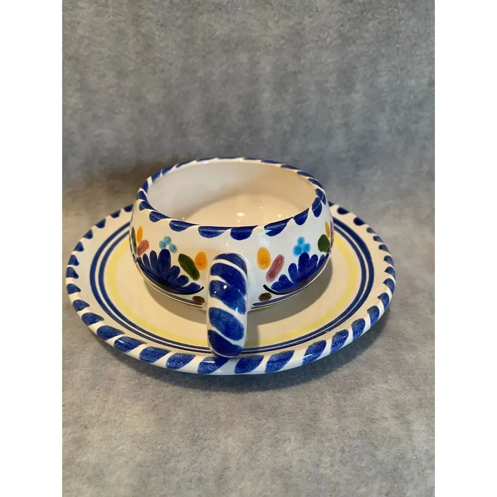 Hand Painted Cup and Saucer Spanish Blue White Rivas on‎ Bottom Spain